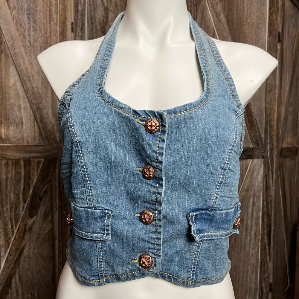 Dollhouse You Are Beautiful Blue Jean
Halter Top with Gold Buttons Size L